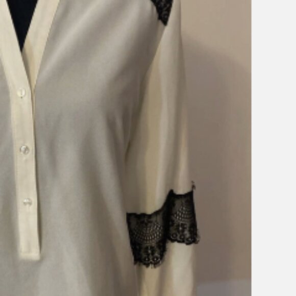 Womans White Button Down Blouse,Black Embroidered Lace Accents, Button Wrist - Picture 5 of 14